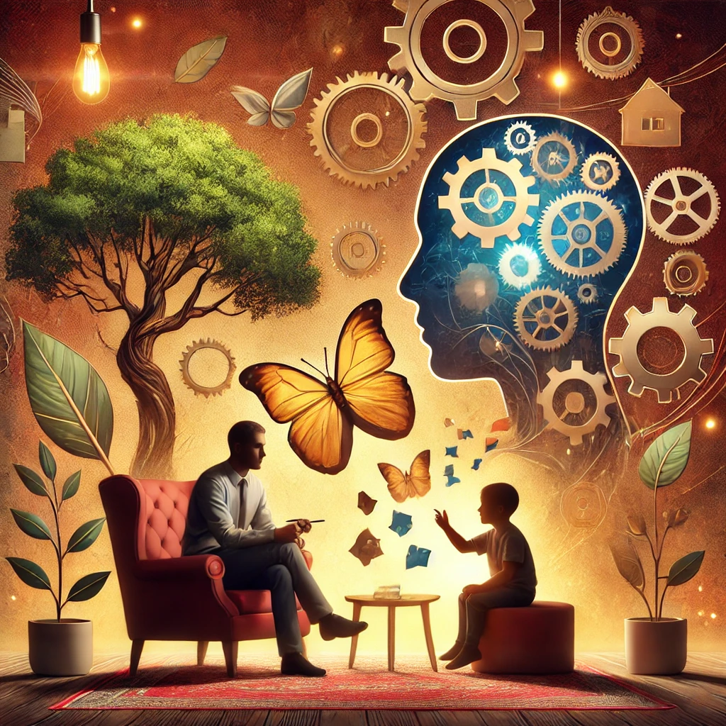 Psychologue travaillant avec un enfant en utilisant le référentiel de la psychanalyse, explorant les liens entre comportement, langage et environnement familial pour une meilleure compréhension en psychologie et en psychanalyse.